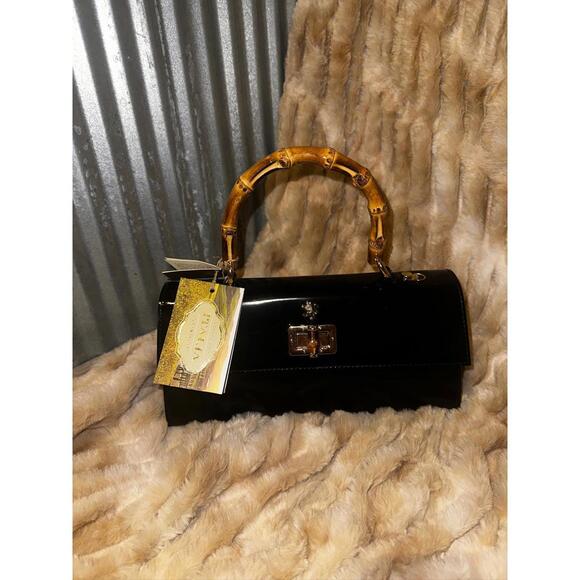 Pratesi Castalia Lady Bag Black Leather Bamboo Handle Italian Leather NWT - Picture 1 of 7